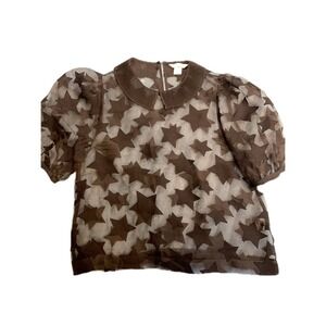 H&M Sheer Star Applique Puff Sleeve Collared Blouse Top Brown Womens Size 8